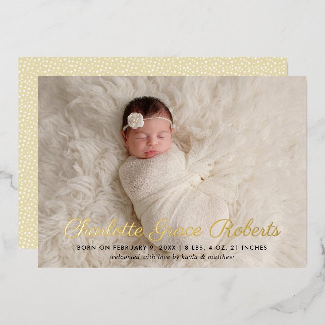 Elegant Gold Script Baby Photo Birth Announcement (Front/Back)