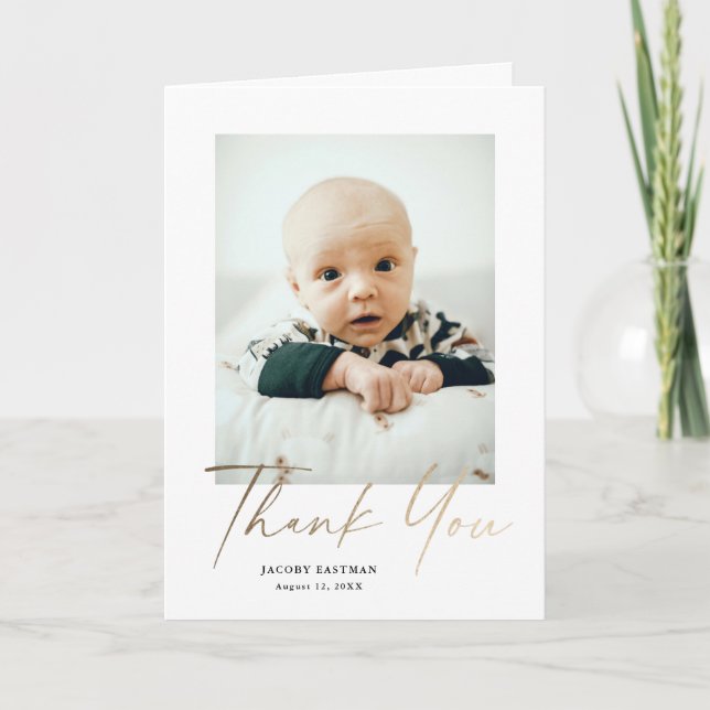 Elegant Gold Script Baby Photo Thank You Card (Front)