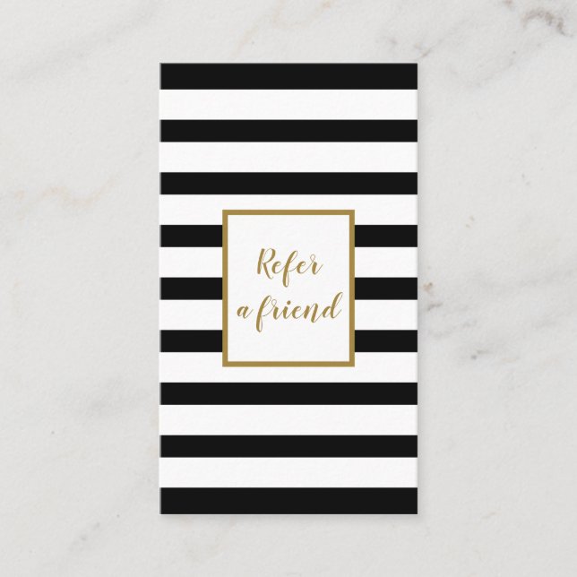 Elegant Gold Script Black and White Striped Referral Card (Front)