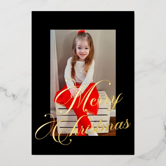 Elegant Gold Script Black Frame Photo Foil Holiday Card (Front)
