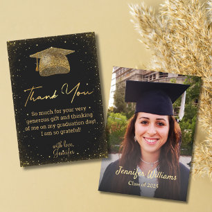 Elegant Gold Script Black Graduation Photo Thank You Card