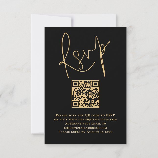 Elegant  Gold Script Black QR Code Wedding RSVP (Front)