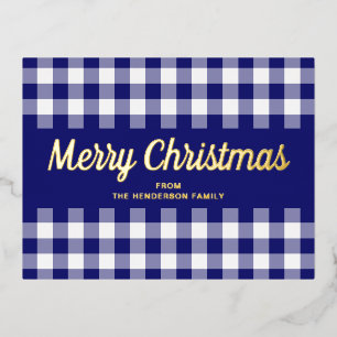 Elegant Gold Script Blue Gingham Merry Christmas Foil Holiday Postcard