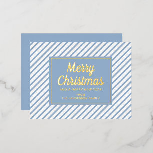 Elegant Gold Script Blue Stripes Merry Christmas Foil Holiday Postcard