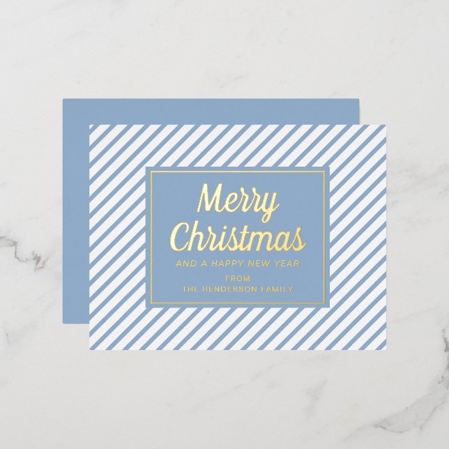 Elegant Gold Script Blue Stripes Merry Christmas Foil Holiday Postcard (Front/Back)