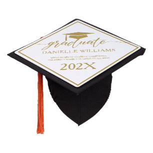 Elegant Gold Script Calligraphy On White Graduation Cap Topper