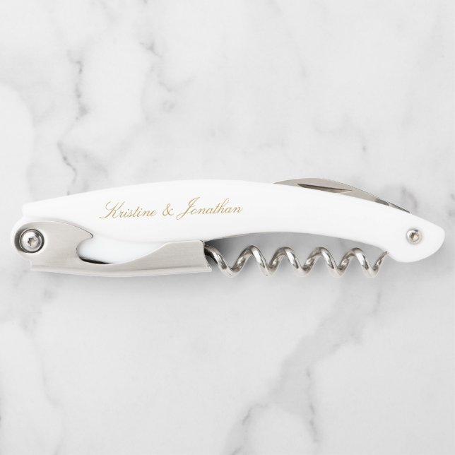 Elegant Gold Script Calligraphy Wedding Corkscrew (Front)