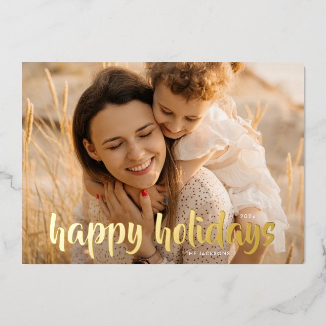 Elegant Gold Script Christmas Photo Happy Foil Holiday Card (Front)