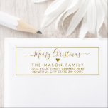 Elegant Gold Script Christmas Return Address Label<br><div class="desc">Elegant, Modern White and Gold Hand Lettered Christmas Family Return Address Labels. Featuring a pretty hand-written script with saying "merry christmas" in swash-tail font, a little Gold colour heart shape, around thin line frame background. Great for Christmas holiday season, easy to personalize them with your names and return address info....</div>