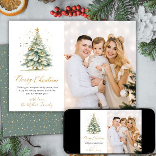 Elegant Gold Script Christmas Tree One Photo Holiday Card