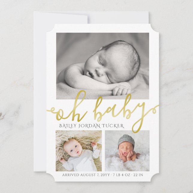 Elegant Gold Script Collage Photo Birth Announcement (Front)