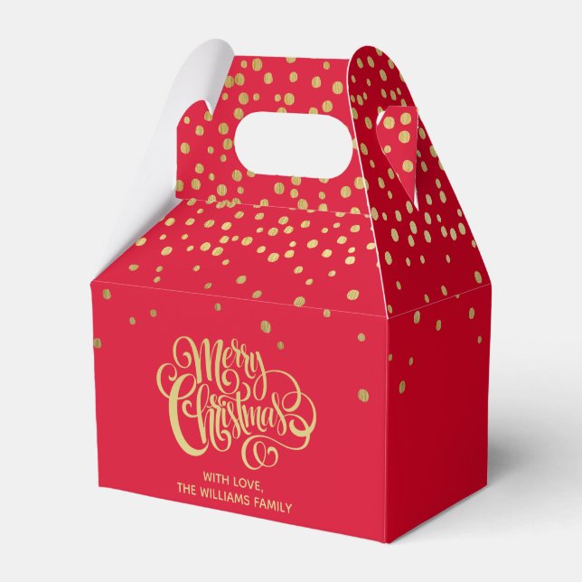 Elegant Gold Script & Confetti Red Christmas  Favor Box (Front Side)