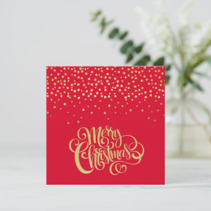Elegant Gold Script & Confetti Red Christmas Holiday Card