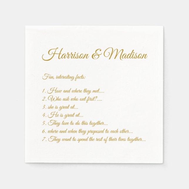 Elegant gold script couple Fun Facts wedding Napkin (Front)