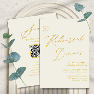 Elegant Gold Script Cream Rehearsal Dinner QR code Invitation