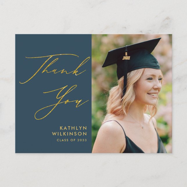 Elegant Gold Script Dusty Blue GRAD Thank You Postcard (Front)