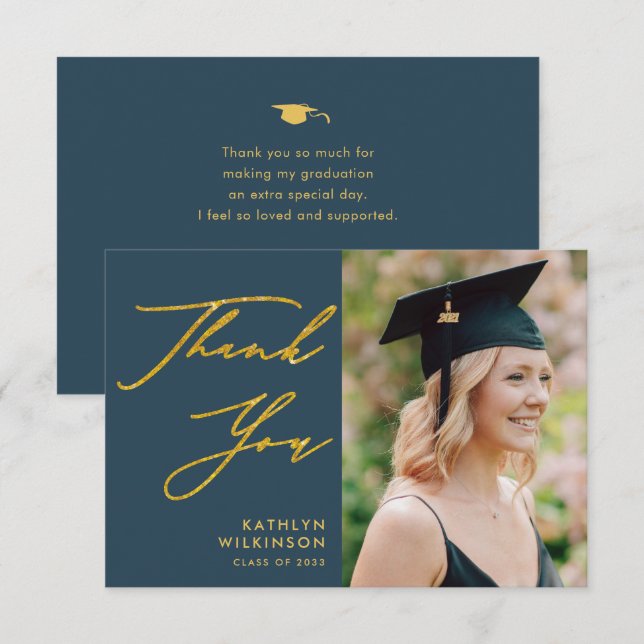 Elegant Gold Script Dusty Blue Simple Graduation Thank You Card (Front/Back)