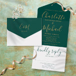 Elegant Gold Script Emerald Green Wedding All In One Invitation<br><div class="desc">All in one wedding invitation featuring elegant gold signature script name and monogram initials on an emerald green background. The invitation includes a perforated RSVP card that’s can be individually addressed or left blank for you to handwrite your guest's address details. Designed by Thisisnotme©</div>