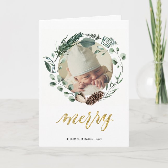 Elegant Gold Script Eucalyptus Foliage Greenery Holiday Card (Front)