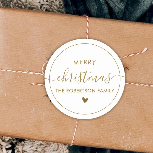Elegant Gold Script Family Name Merry Christmas  Classic Round Sticker (Creator Uploaded)