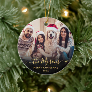 Elegant Gold Script Family Photo Merry Christmas   Ceramic Ornament