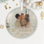 Elegant Gold Script Family Photo Merry Christmas   Glass Ornament<br><div class="desc">Elegant Gold Hand Lettered "Merry Christmas" Script Family Photo Ornament. Features your favourite family photo,  "family name" calligraphy text in handwritten script,  with Merry Christmas text and year. Easy to personalize it. Photo tip: crop your photo to square form before upload it.</div>