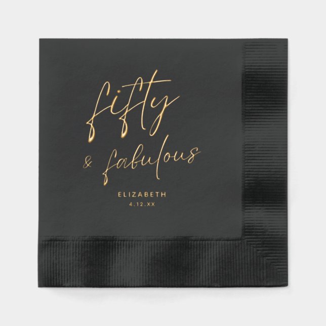 Elegant Gold Script Fifty and Fabulous Birthday Foil Napkins (Front)