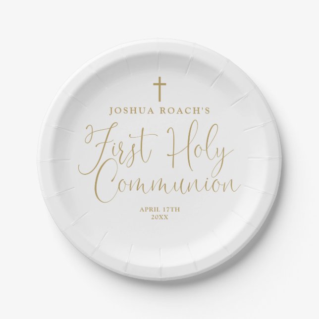 Elegant Gold Script First Holy Communion Paper Plate (Front)