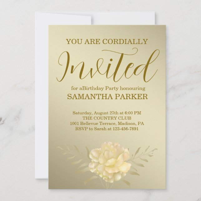 Elegant Gold Script Floral Birthday Invitation (Front)