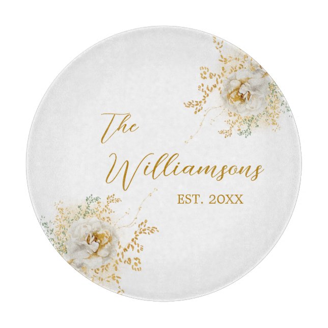 Elegant Gold Script Floral Custom Established Year Cutting Board (Front)