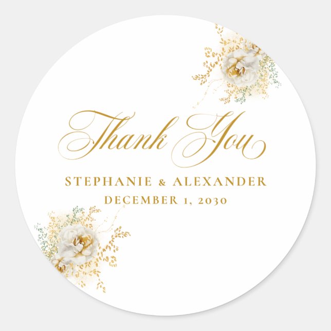 Elegant Gold Script Floral Wedding Classic Round Sticker (Front)