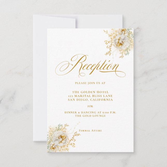 Elegant Gold Script Floral Wedding Reception Card (Front)