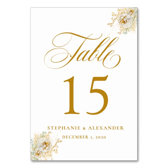 Elegant Gold Script Floral Wedding  Table Number (Front)
