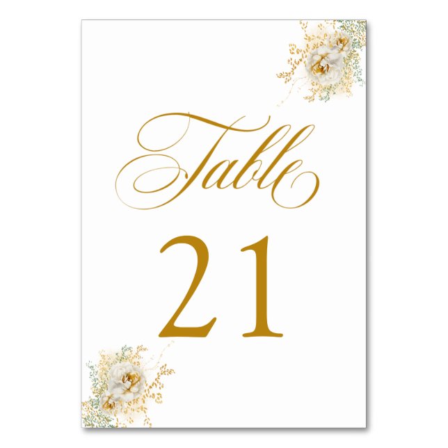 Elegant Gold Script Floral Wedding Table Number 21 (Front)