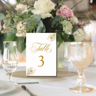 Elegant Gold Script Floral Wedding Table Number 3
