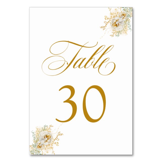 Elegant Gold Script Floral Wedding Table Number 30 (Front)