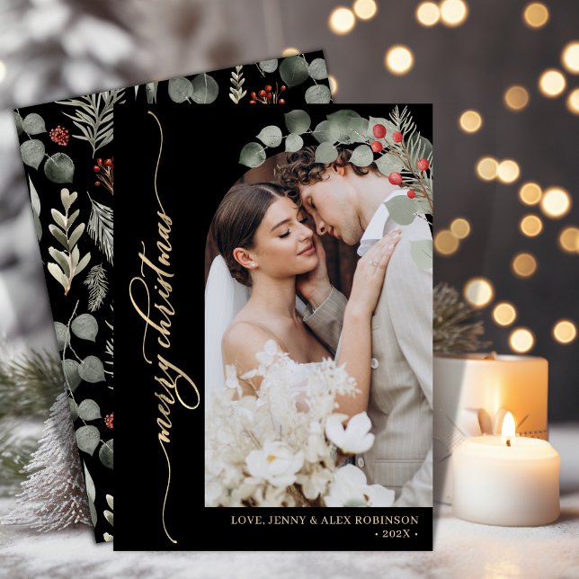 Elegant Gold Script Foliage Photo Arch Christmas Holiday Card (Creator Uploaded)