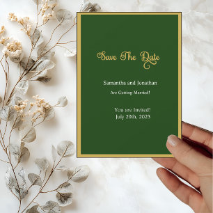 Elegant Gold Script Frame Green save the date card
