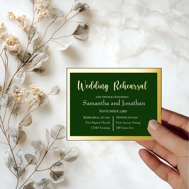 Elegant Gold Script Frame on Green Rehearsal Card (Creator Uploaded)
