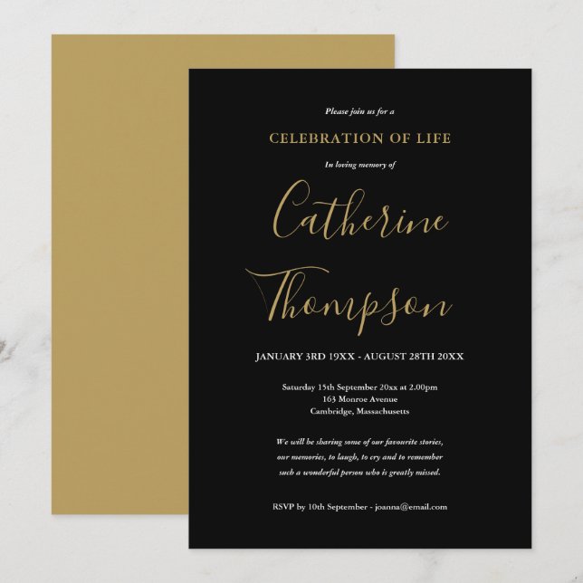 Elegant Gold Script Funeral Celebration of Life Invitation (Front/Back)