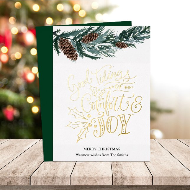 Elegant Gold Script Good Tidings of Comfort Joy Foil Holiday Card (Creator Uploaded)