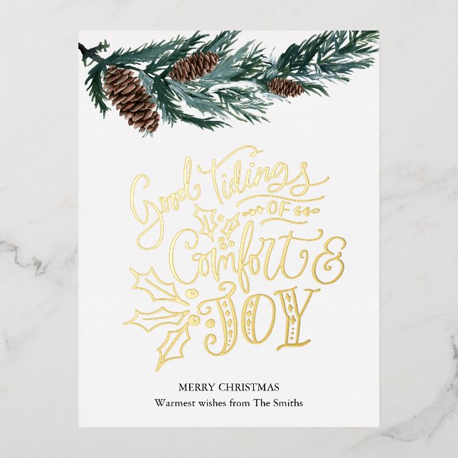 Elegant Gold Script Good Tidings of Comfort & Joy Foil Holiday Postcard (Front)