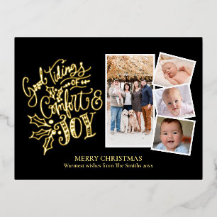 Elegant Gold Script Good Tidings of Comfort & Joy Foil Holiday Postcard