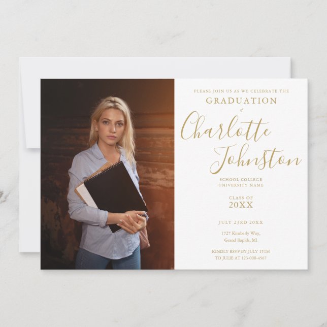 Elegant Gold Script Graduation Party Photo Invitation (Front)