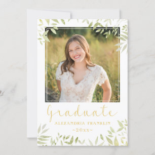 Elegant Gold Script Greenery 2 Photo Graduation Invitation
