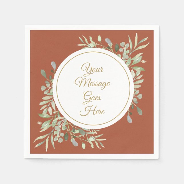 Elegant Gold Script Greenery Terracotta Napkin (Front)