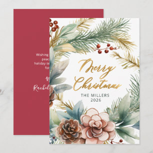 Elegant Gold Script Greenery Wreath Christmas Holiday Card
