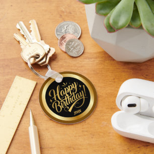 Elegant Gold Script Happy Birthday Black Keychain