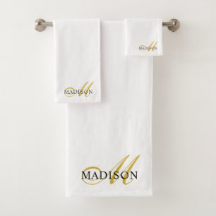 Elegant Gold Script Initial Name Monogram White Bath Towel Set
