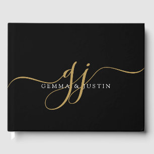 Elegant Gold Script Initials Name Monogram Black Guest Book